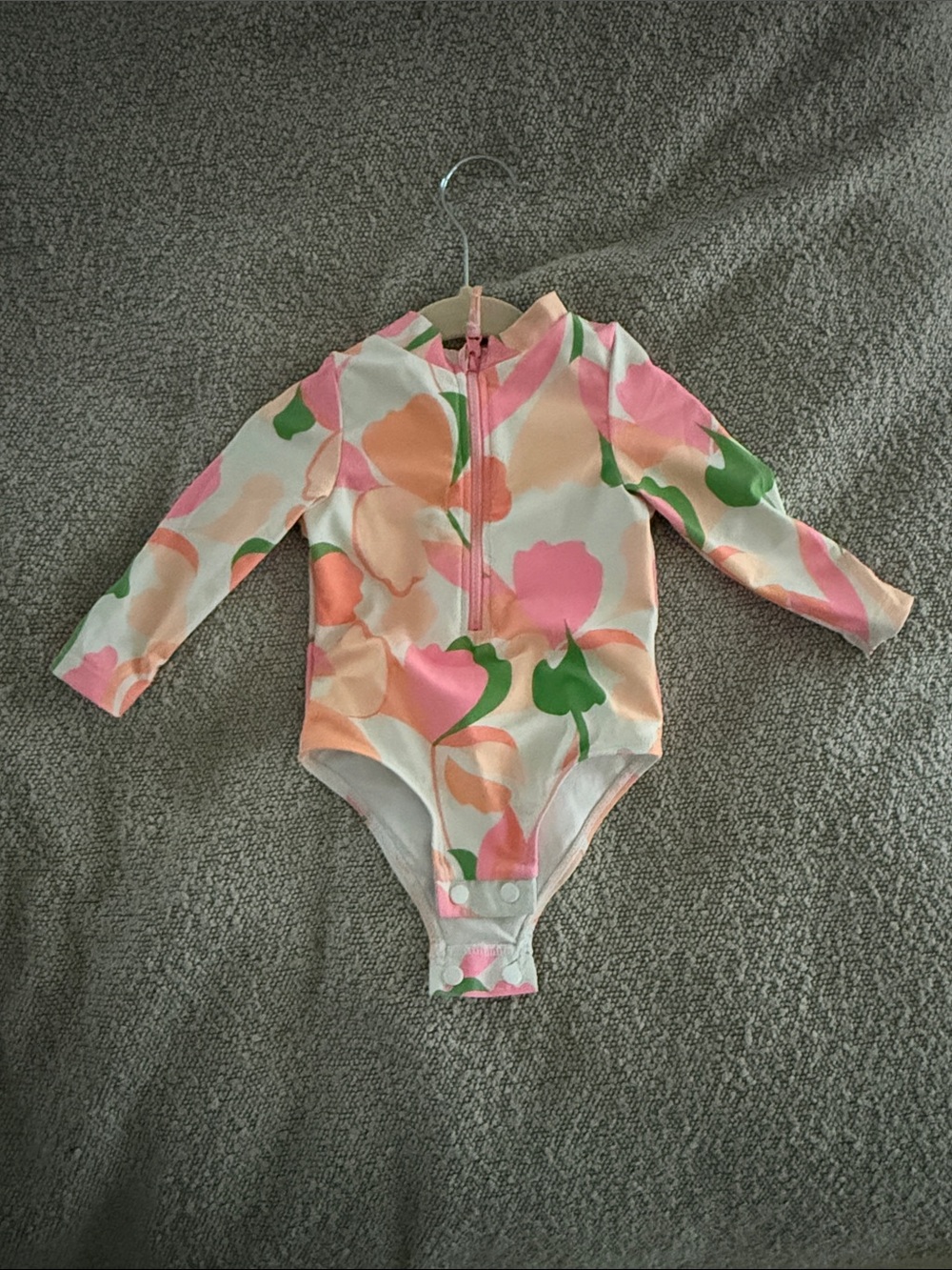 Girls Long-Sleeve One-Piece Bodysuit in Pink, Peach & Green Floral